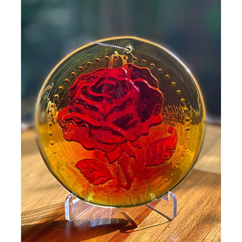 Blenko Glass Rose Sun Catcher Flower Ornament 3.9" Tangerine RARE & GORGEOUS!